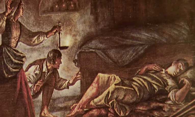 A painting of Pellicer's parents finding him asleep with his leg restored. Artist unknown. / via planoinformativo.com