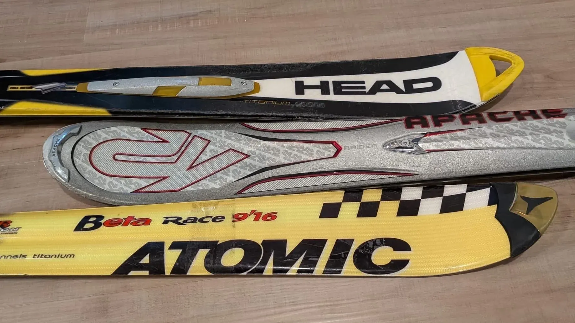 collection of alpine skis circa 1990s to ealry 2000s