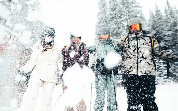 Group of skiers in heavy snowfall