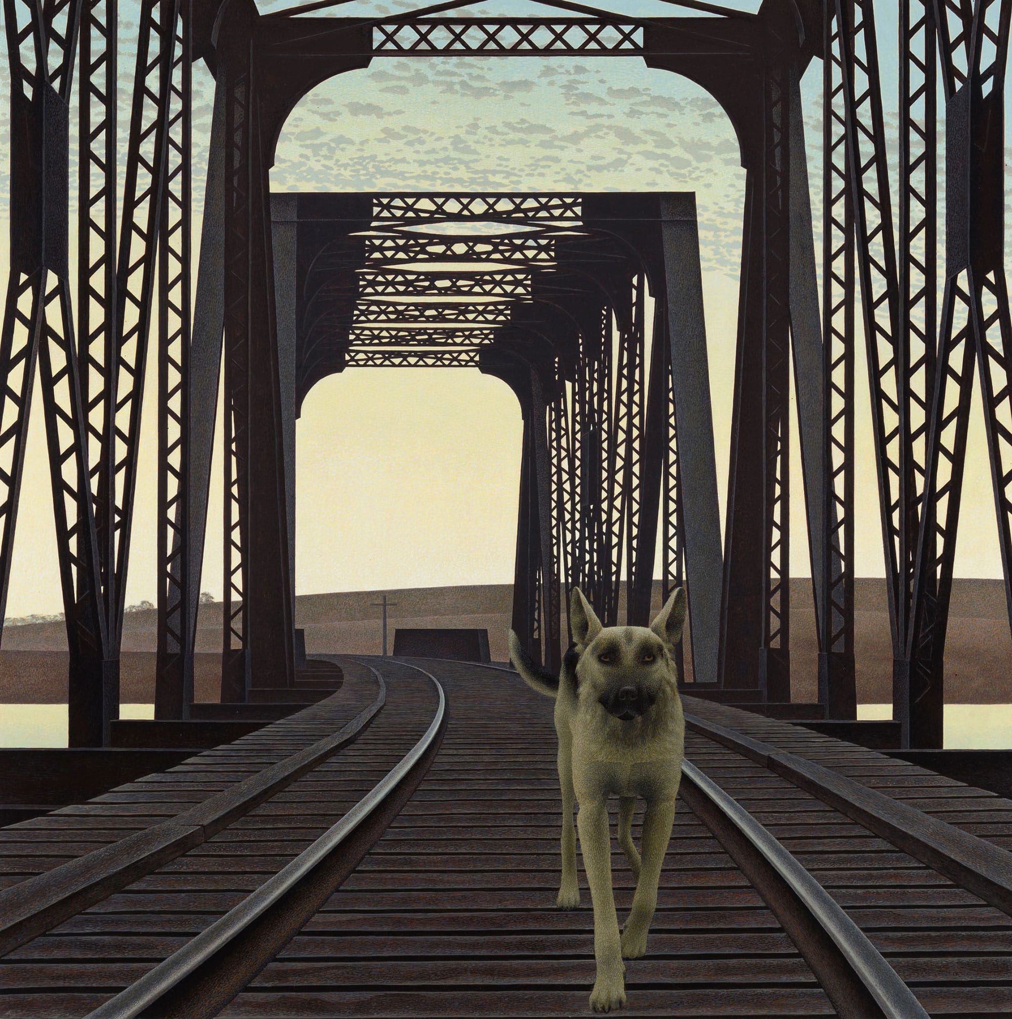 A very famous painting of a German Shepherd crossing a two-lane wooden bridge for trains as dusk descends over the dirt hill in the background. Human presence is implied. The dog looks straight ahead at the viewer of the painting.