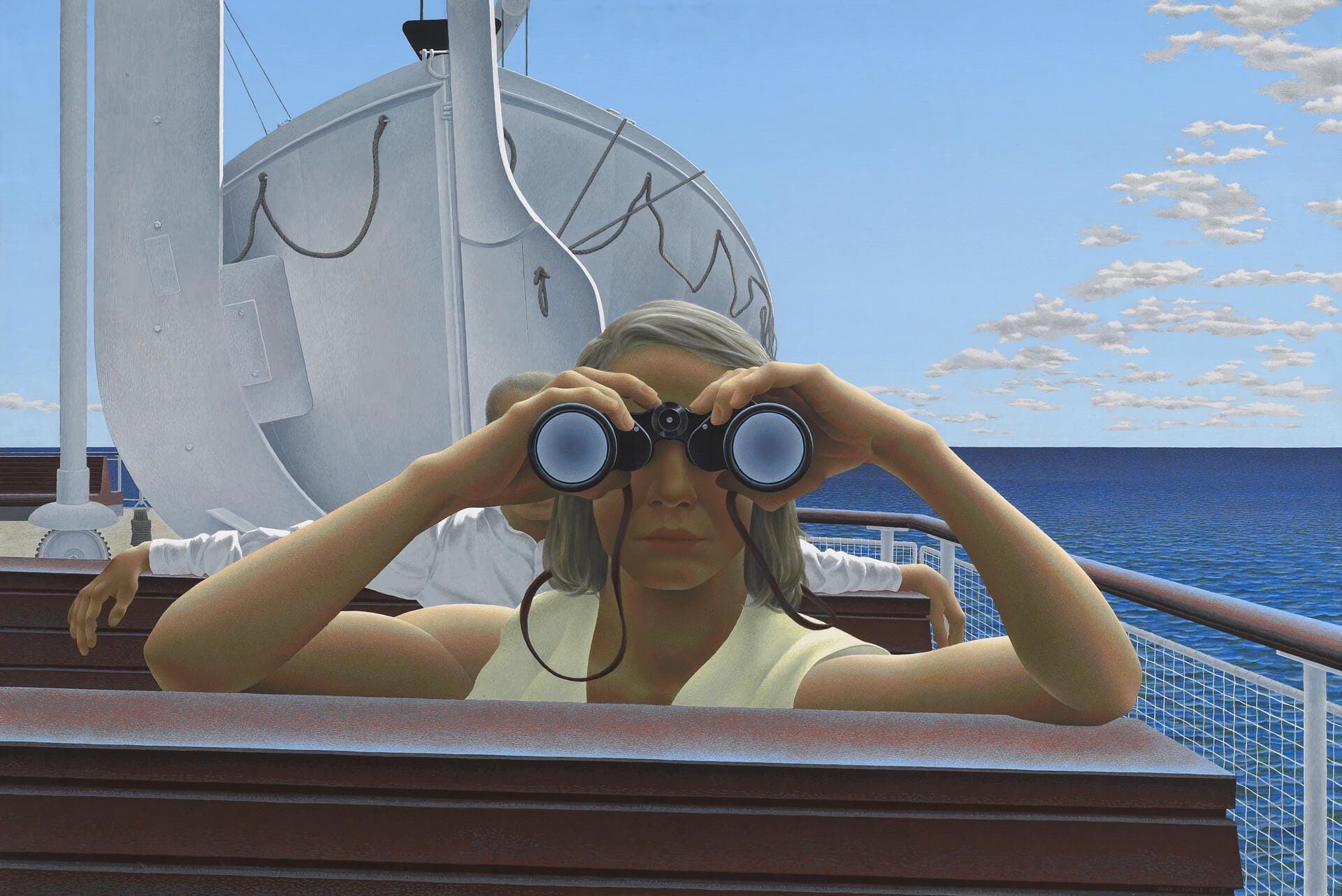 A woman peers directly into your face with a pair of gradient baby blue lensed binoculars aboard a ferry boat ride to PEI.