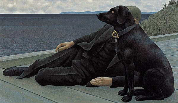 A black Labrador dog impedes us from seeing the profile of a supine priest on the dock, overlooking the bay with his furry companion.