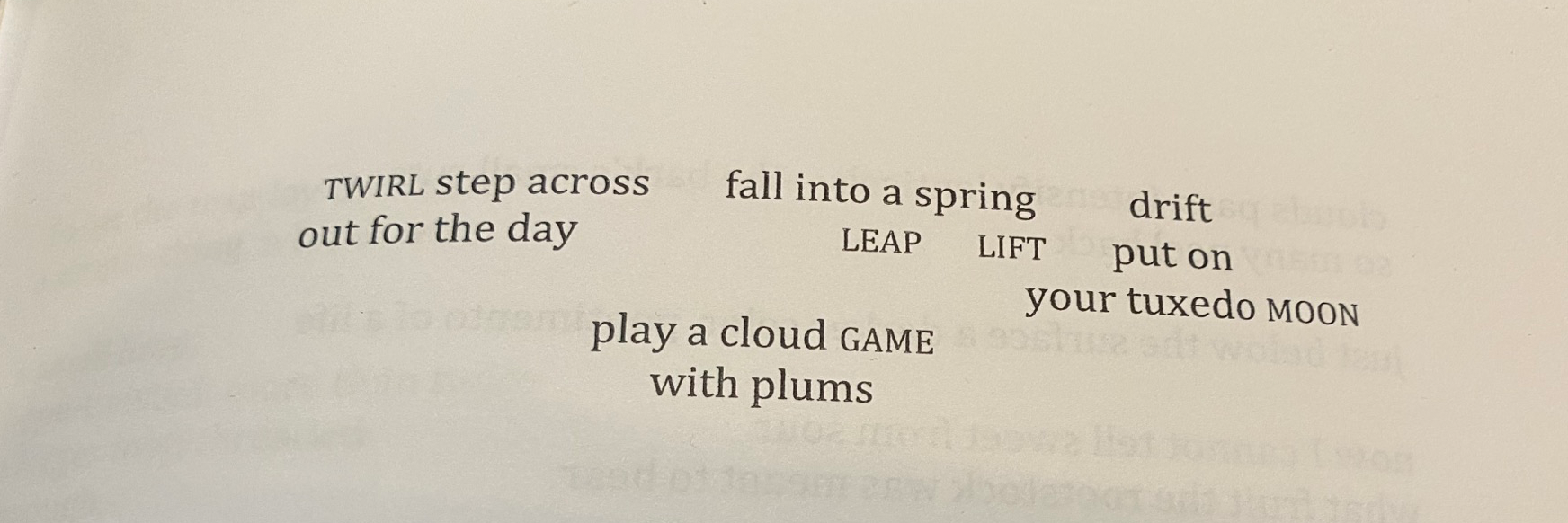 Eponymous poem for Cloud Game with Plums by Rose Maloukis (2020): TWIRL step across fall into a spring drift / out for the day LEAP LIFT put on / your tuxedo MOON / play a cloud GAME / with plums