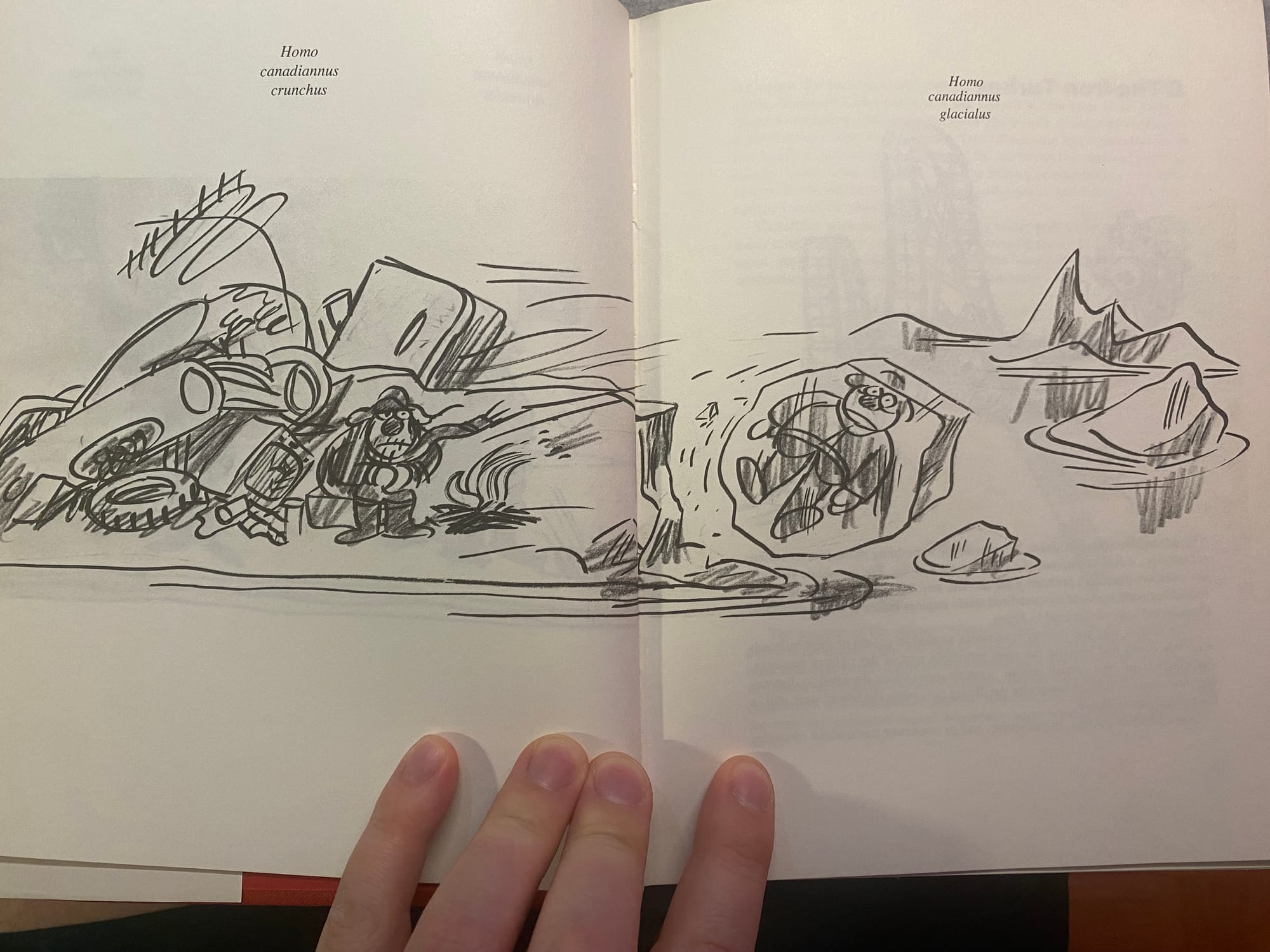 Homo canadiannus (third of three, showing Homo canadiannus crunchus living at the wrecking yard and Homo canadiannus glacialus, frozen in an arctic ice cube afloat)