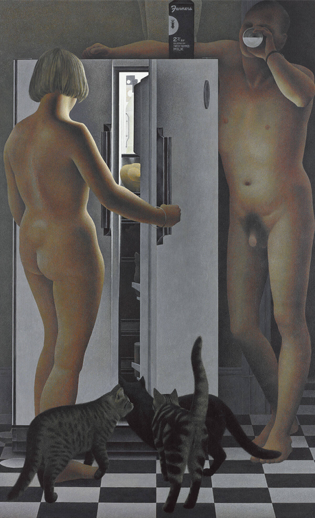 Two naked middle-aged adults stand around a fridge at night, the husband (right) chugging a glass of cold milk, carton atop the appliance, and the wife (left), holding the door ajar gingerly, allowing their three cats to approach with curiosity. The post-coitalness depicted is homely, intimate, not gross or obscene.
