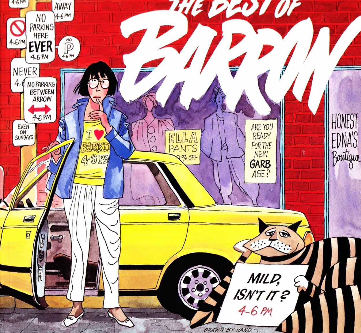Cover of Best of Barron (Sid Barron, cartoonist) showing a cat holding a sign saying "Mild, isn't it?", his catchphrase, on a street with too many parking signs with contradictory rules