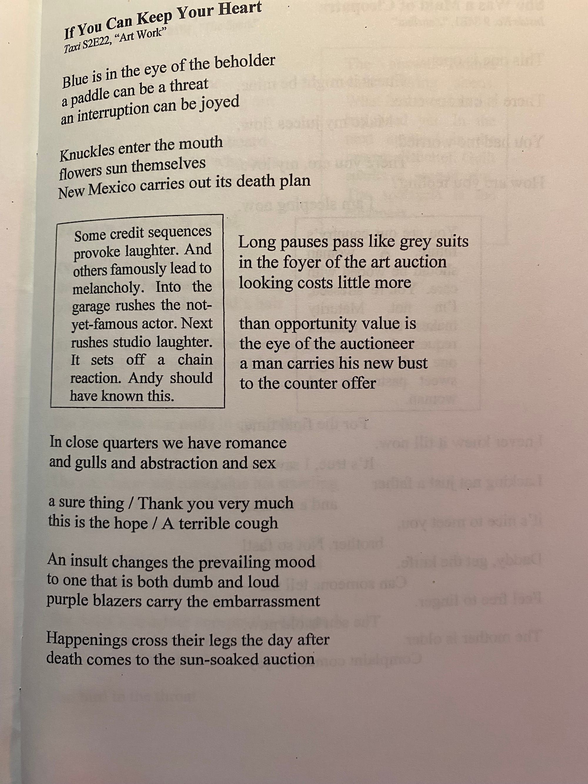 Photo of first poem in Television Poems, to demonstrate the "TV-like window" that appears in each one in the book.