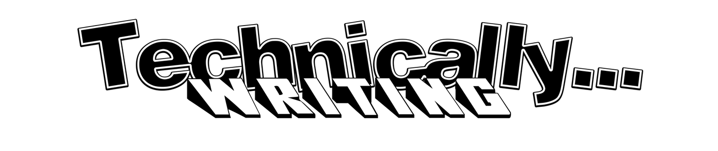 The logo for Technically Writing; the top word is printed in a serif font, capital case, with ellipsis; the bottom word is printed in a font where each letter resembles a wedge doorstop.