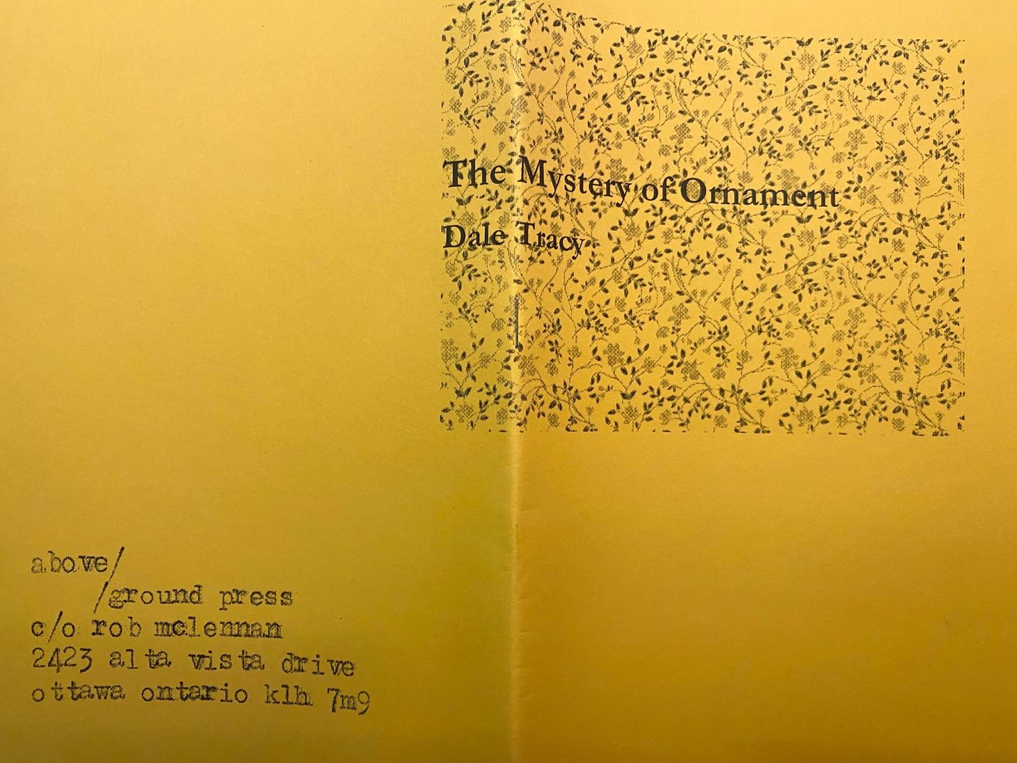 Cover of The Mystery of Ornament by Dale Tracy (2020), showing a Persian rug motif the main character intends to purloin; black and white printed on yellow paper.