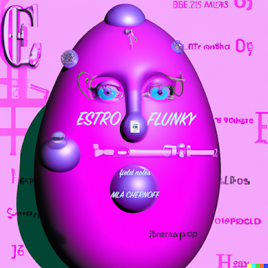 Cover of MLA Chernoff's Estro Flunky chapbook, depicting a pink obelisk type character with eyes like a character from YTV's hit-show Reboot and a phallic nose with a PNG file icon hovering o