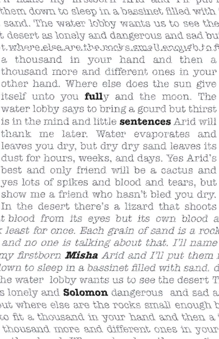 Cover of Full Sentences by Misha Solomon (2022), showing the title of the poetry chapbook and author name in boldface among a wall of typewriter-like text as seen from up-close.