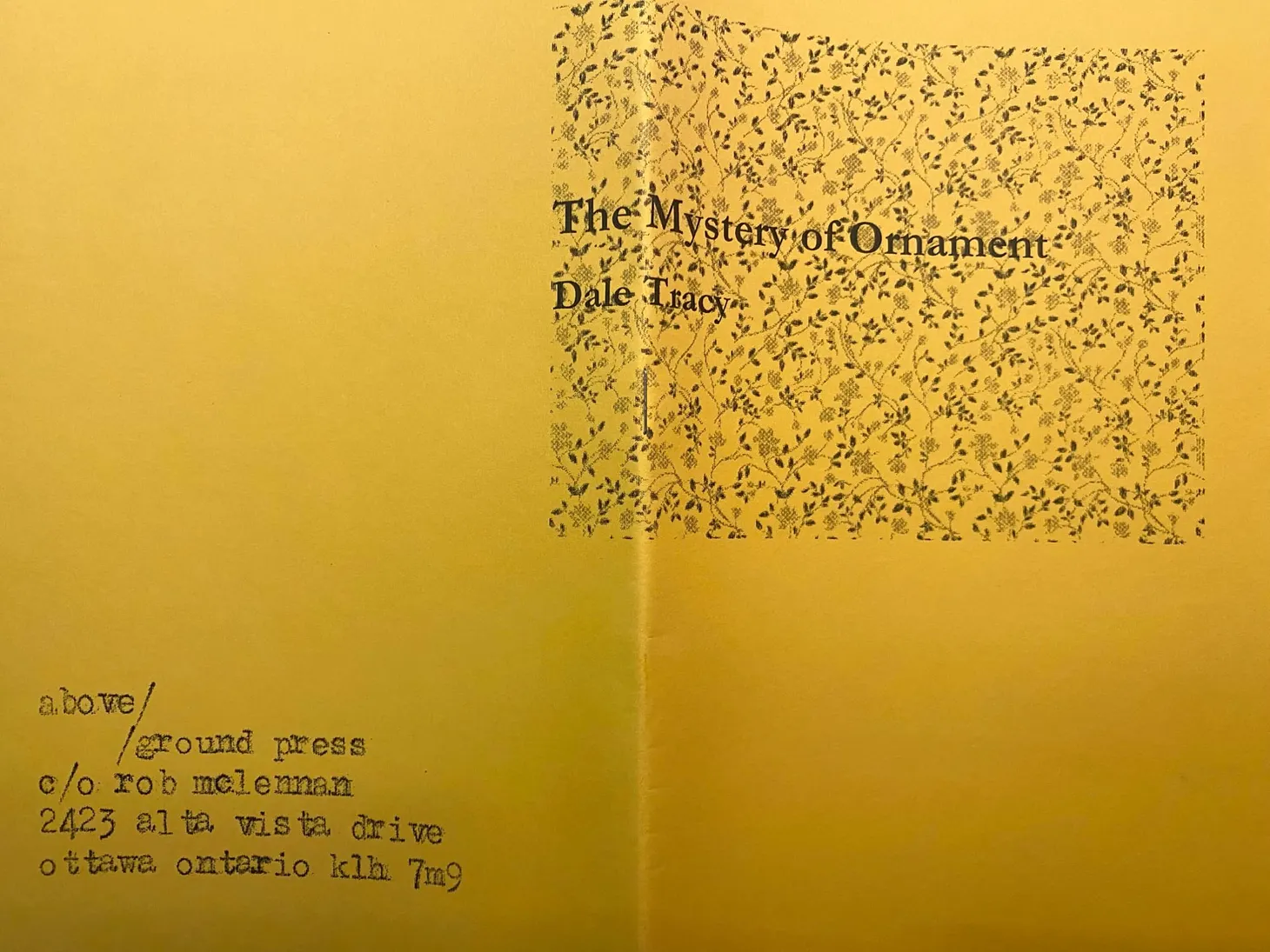 Cover of The Mystery of Ornament by Dale Tracy (2020), showing a Persian rug motif the main character intends to purloin; black and white printed on yellow paper.