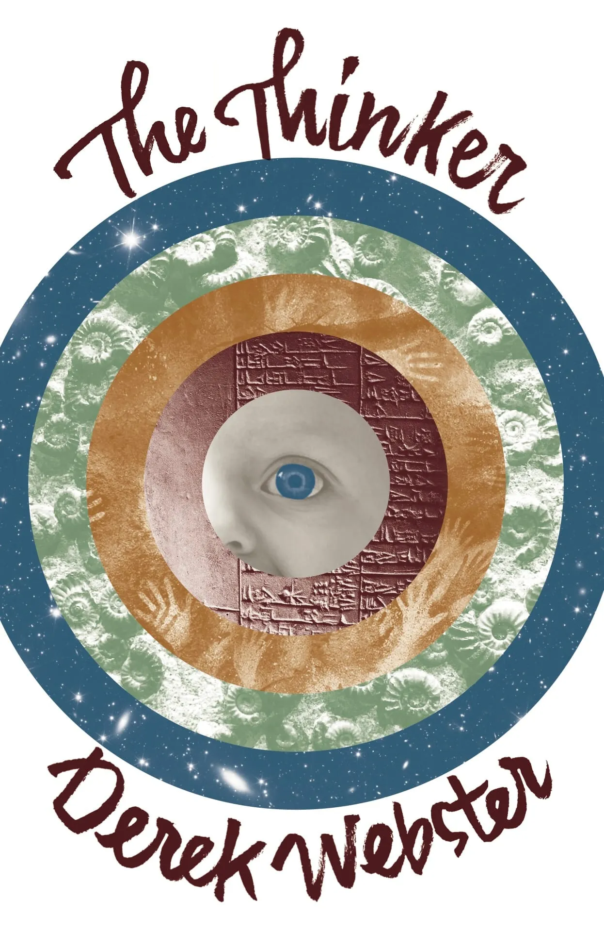 Cover of Derek Webster's poetry chapbook The Thinker, designed by Brian Morgan; described at length in review below.