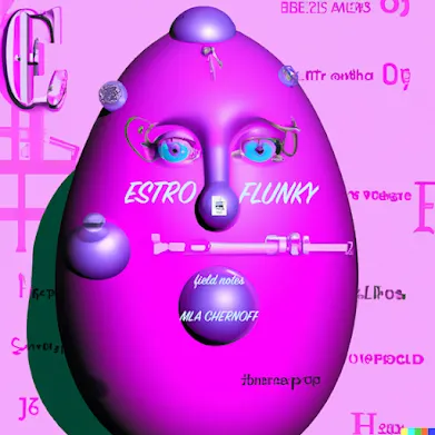 Cover of MLA Chernoff's Estro Flunky chapbook, depicting a pink obelisk type character with eyes like a character from YTV's hit-show Reboot and a phallic nose with a PNG file icon hovering o