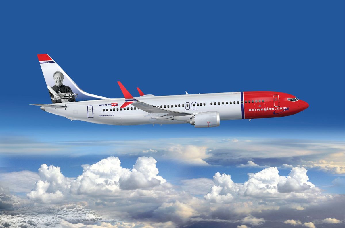 Norwegian 737MAX with Sir Freddie Laker on Tail Fin