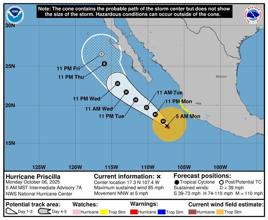 Actualización Huracán Priscilla Lunes 6 Octubre -06:00 hrs