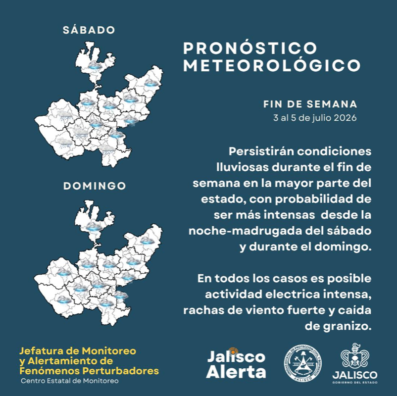Se prevén lluvias moderadas a fuertes en Jalisco durante el fin de semana