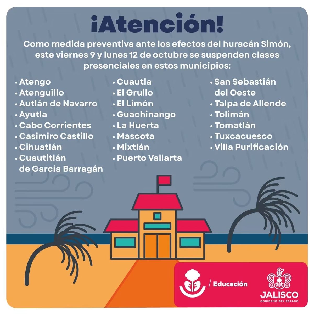 Suspenden clases en 22 municipios de Jalisco por huracán “Simon”