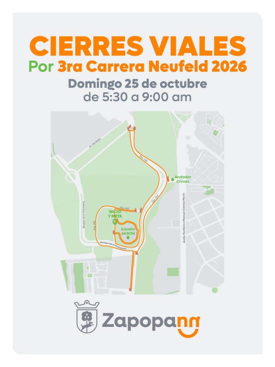 🏃‍♂️Habrá cierres viales por carrera deportiva en Zapopan