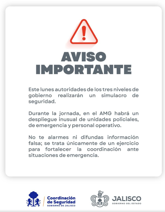 Realizarán autoridades de Seguridad simulacro en la Zona Metropolitana de Guadalajara