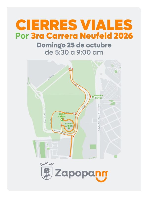 🏃‍♂️Habrá cierres viales por carrera deportiva en Zapopan