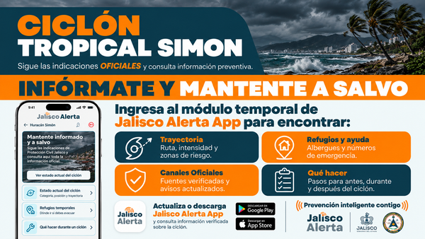 ¡Protégete ante el huracán Simón! Jalisco Alerta pone en tus manos información y herramientas de prevención.