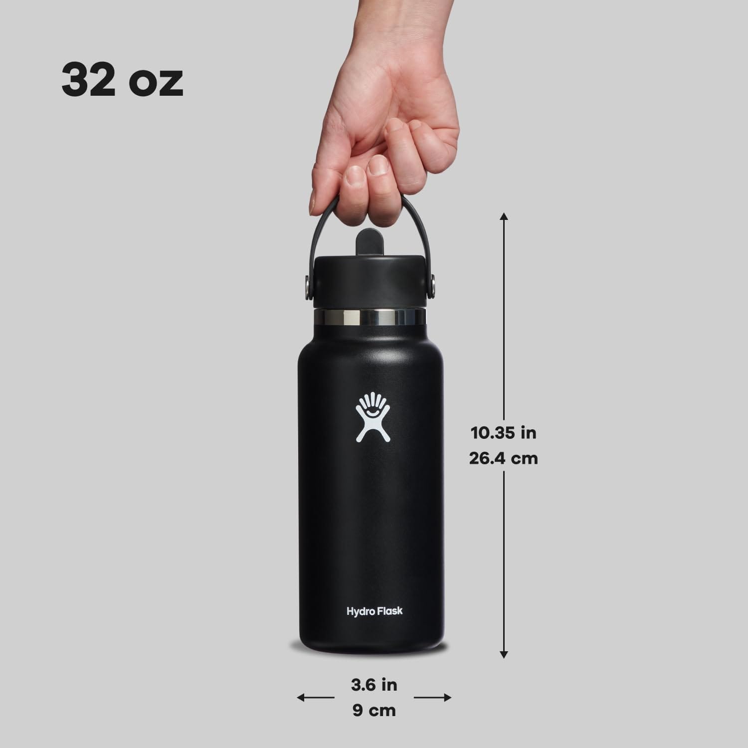 Hydro Flask 32 oz water bottle is 3.6" wide and 10.35P tall