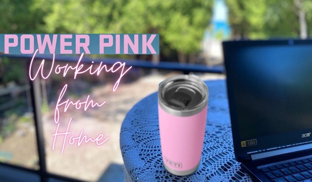 Exploring the POWER PINK new color collection while working outside from home with laptop and YETI tumbler
