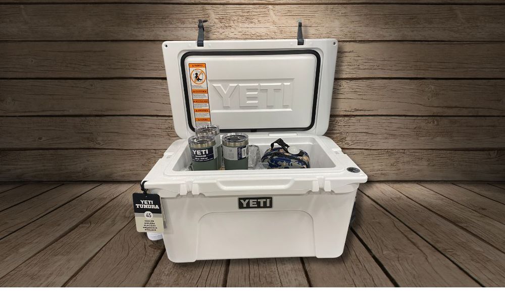 Guide to YETI Sizes and Capacities | YETI Tundra 45 showing on barnboard floor