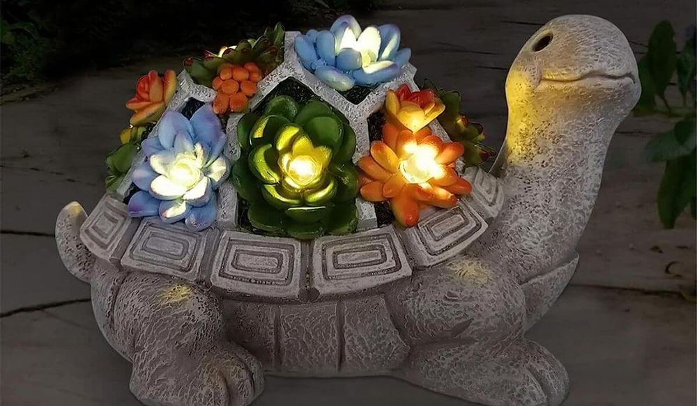 Turtle with succulents solar powered garden light
