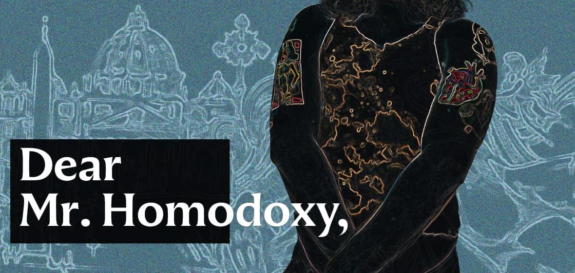 A grainy blue background has a faint white outline of a scene with a church and cross Center: photo-negative torso of the author with neon tattoos. Bold white text says "Dear Mr. Homodoxy,"