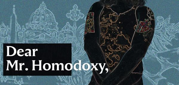 A grainy blue background has a faint white outline of a scene with a church and cross Center: photo-negative torso of the author with neon tattoos. Bold white text says "Dear Mr. Homodoxy,"