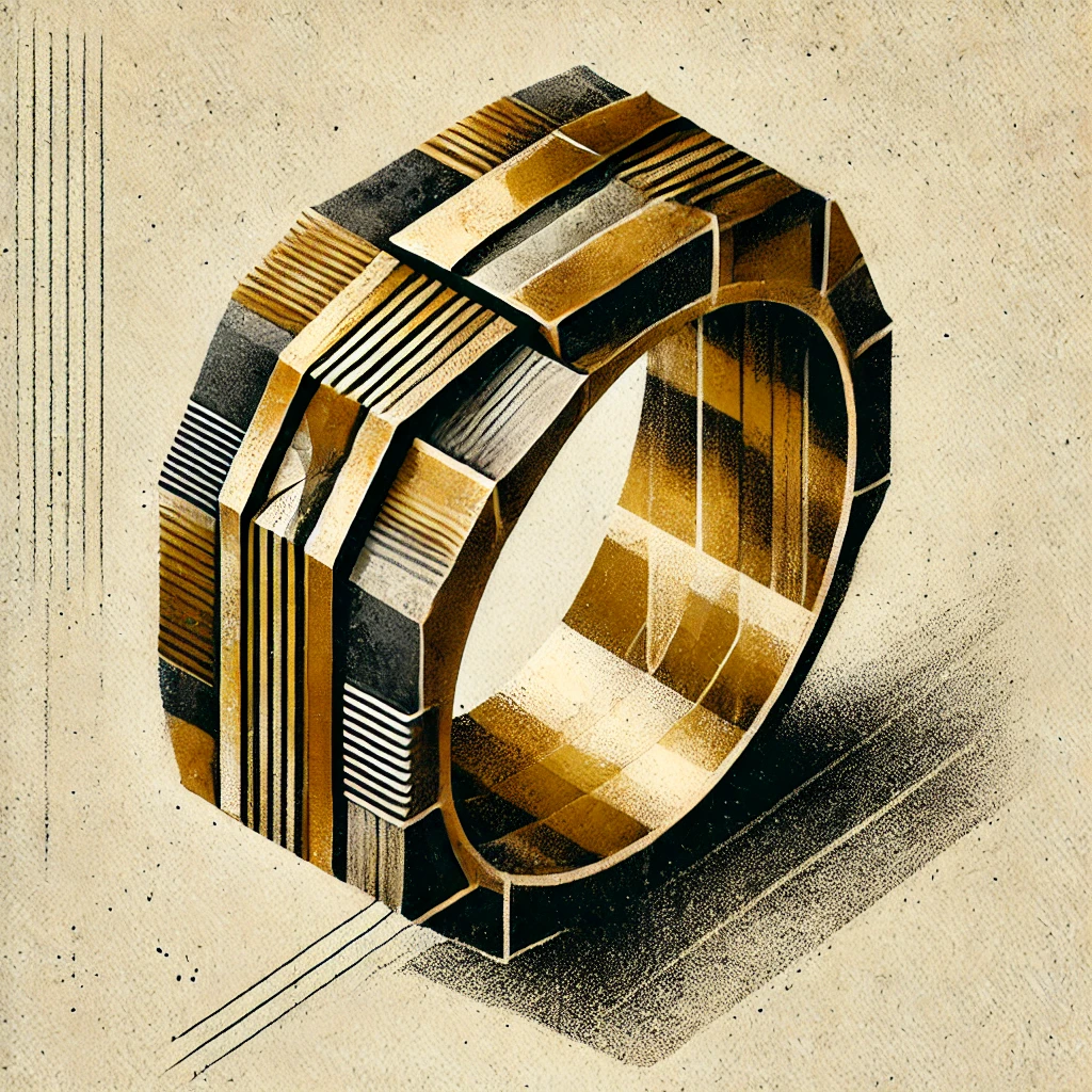 A minimalist cubist-style illustration of a gold band ring lying on its side, designed with gritty textures and sharp, geometric edges. The ring features a worn, aged gold finish with abstract patterns and faceted cubist details. The background is neutral but textured, adding depth and a rough aesthetic to the composition. The overall style is modern yet gritty, combining elegance with a raw, artistic vibe.