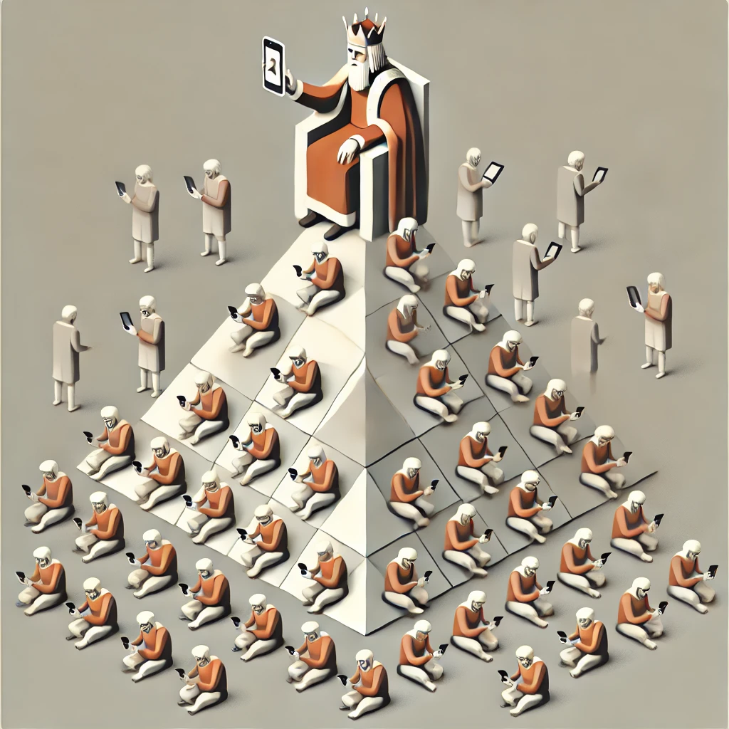 An isometric, minimalist illustration of a king sitting at the top of a giant triangle, symbolizing hierarchy and control. Below the triangle, a group of serfs or peons are depicted on their hands and knees, each engrossed in their iPhones or similar devices. The design uses clean lines, muted tones, and geometric shapes to emphasize the minimalist aesthetic. The triangle is prominently featured, with the king wearing a simple crown and holding a scepter. The overall scene highlights themes of power, control, and technological dependency in a visually striking, abstract style.