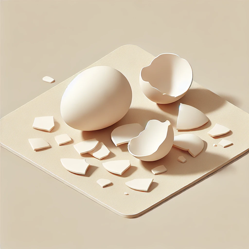 A 3D isometric minimalist illustration of broken eggshells lying on bare ground. The eggshells are clean, slightly cracked, and scattered, with a natural off-white color. The ground is smooth and neutral, with subtle shading to suggest texture. There is no platform or additional elements, keeping the composition simple and focused on the eggshells. The overall style is clean, modern, and minimalist, with soft shadows for depth.