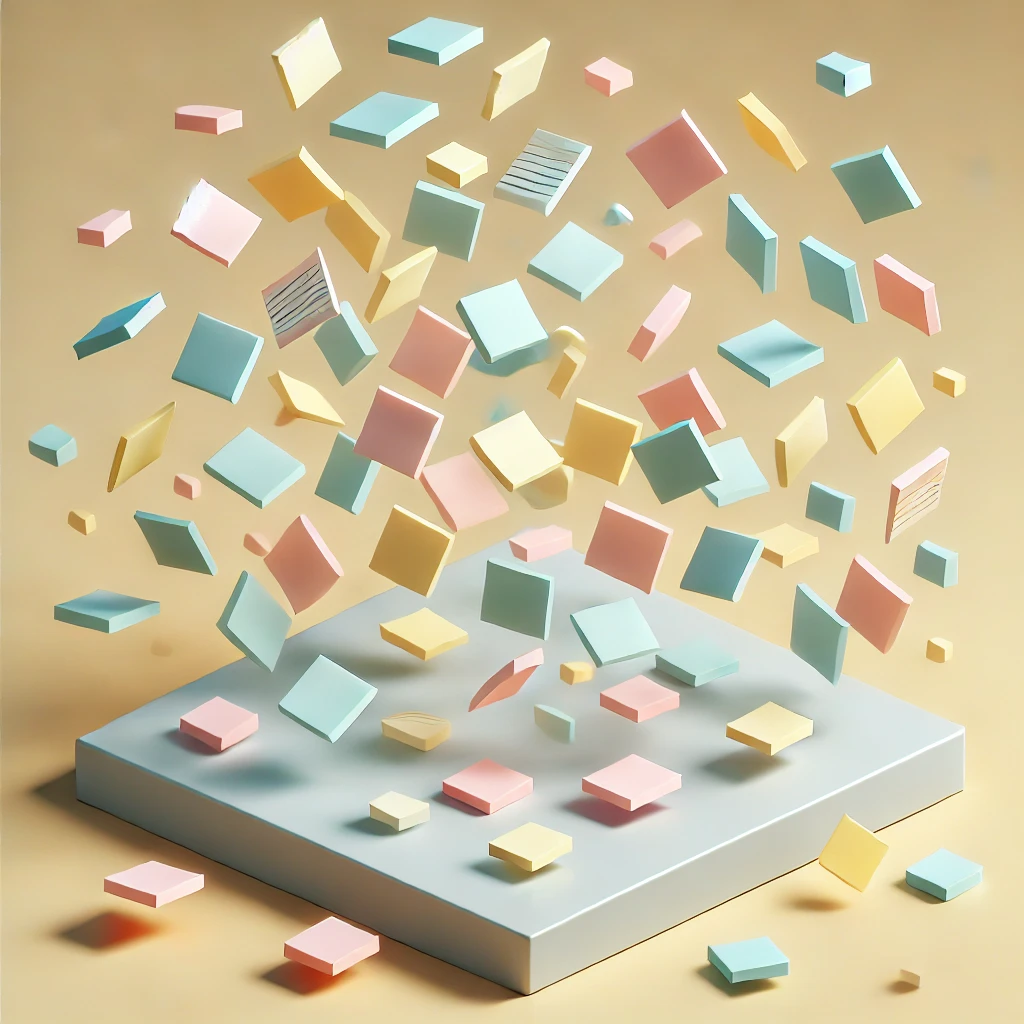 A 3D isometric minimalist illustration of sticky notes falling from the sky. The sticky notes are depicted in various pastel colors such as yellow, pink, and blue, floating and scattering through the air in an elegant and whimsical way. The scene has a clean, neutral background with soft shadows to emphasize the falling notes. The overall design is playful, modern, and minimalist, with a focus on the motion and simplicity of the notes.