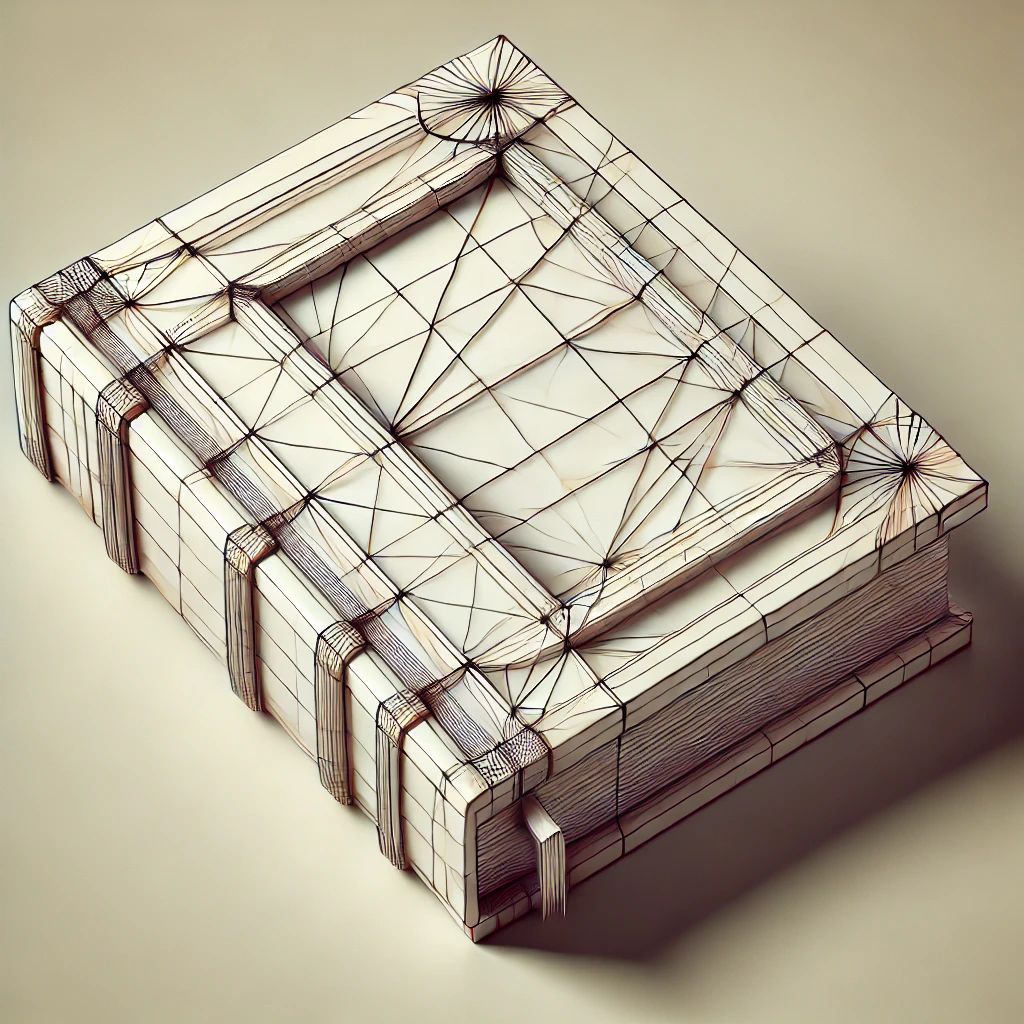 A 3D wireframe minimalist illustration of a cubist-style book lying on its side, closed. The book is depicted with clean, geometric wireframe lines, emphasizing the edges and corners of the cover and spine. The design is abstract yet clearly recognizable as a closed book, with subtle detailing to indicate the pages within. The background is neutral and simple, with soft shadows enhancing the clarity and focus on the book. The overall style is modern, minimalist, and visually striking, perfect for a conceptual design.