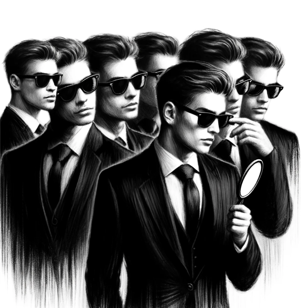 Charcoal-style illustration of a line of young men in black suits, each wearing black Ray-Ban sunglasses and looking at themselves in a hand mirror. The figures are depicted with textured, expressive charcoal strokes, emphasizing the moody and stylish aesthetic. The men are aligned in a minimalist composition, with the charcoal capturing details of the suits, sunglasses, and reflective moments with dark, bold lines and subtle highlights. The overall effect is artistic, with a focus on the contrast between the suits, glasses, and the introspective gesture of looking into the mirrors.