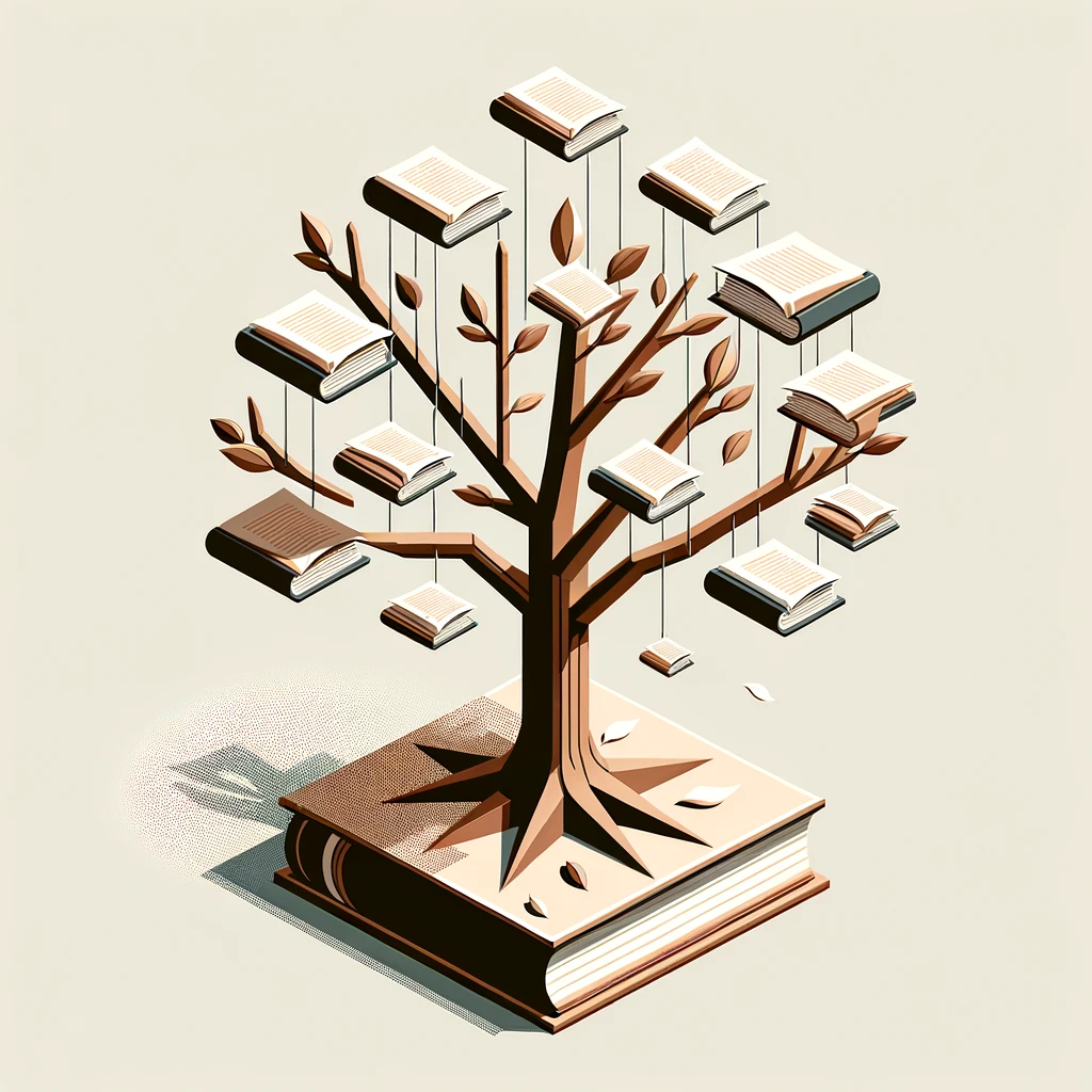 Isometric, minimalist illustration of a tree with book pages falling from its branches like leaves. The tree should have a clean, geometric structure with stylized branches and roots. The falling book pages should be depicted as simple, rectangular shapes, creating a cascading effect. Use a limited color palette with earthy tones for the tree and light, neutral colors for the pages. The composition should be serene, balanced, and symbolic, emphasizing the theme of knowledge growing from nature.