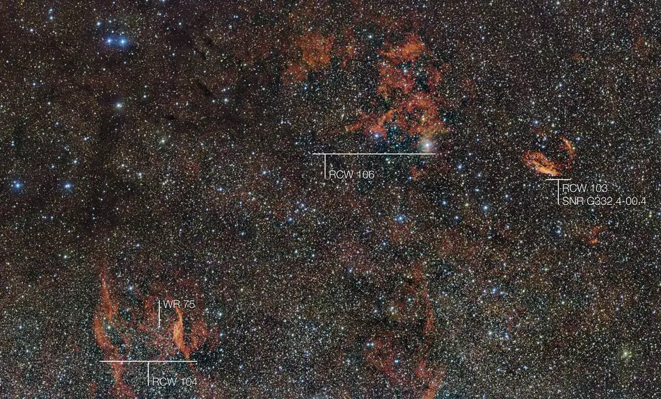 Annotated star field like the output of plate solving software identifying stars