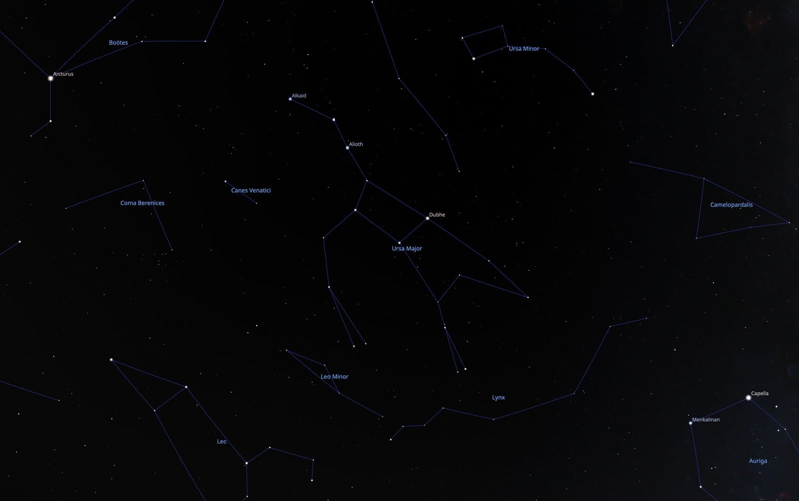 Stellarium finder chart of the Big Dipper high in the northern spring sky, with Arcturus, Leo and the Little Dipper around it
