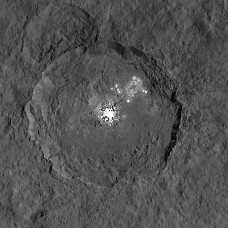 The bright spots in Occator Crater on the dwarf planet Ceres, imaged by NASA's Dawn