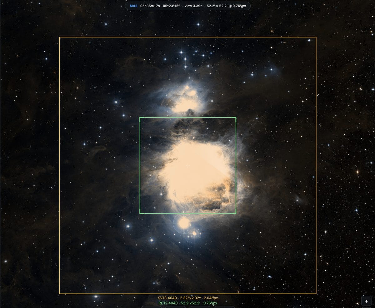 Two telescope field of view frames compared over the Orion Nebula in the calculator