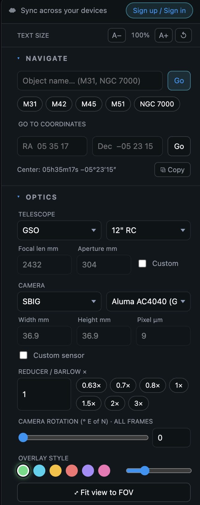 FOV calculator left panel with telescope, camera, reducer and rotation controls