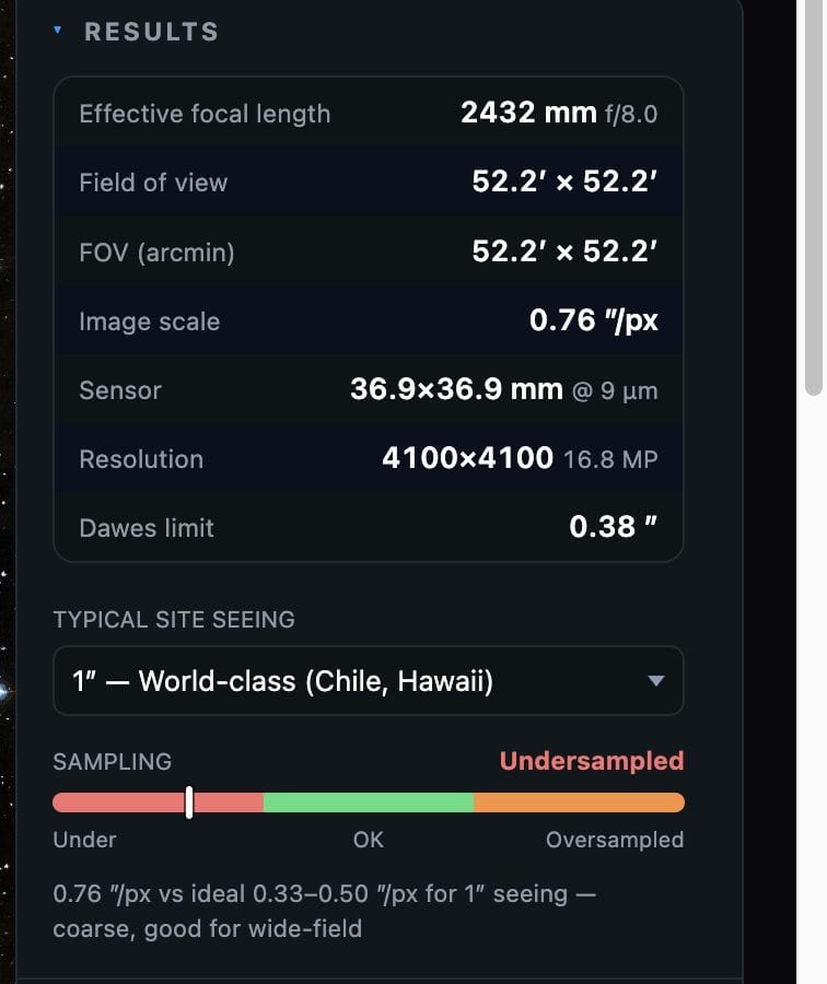 FOV calculator results panel showing field of view, image scale and sampling gauge