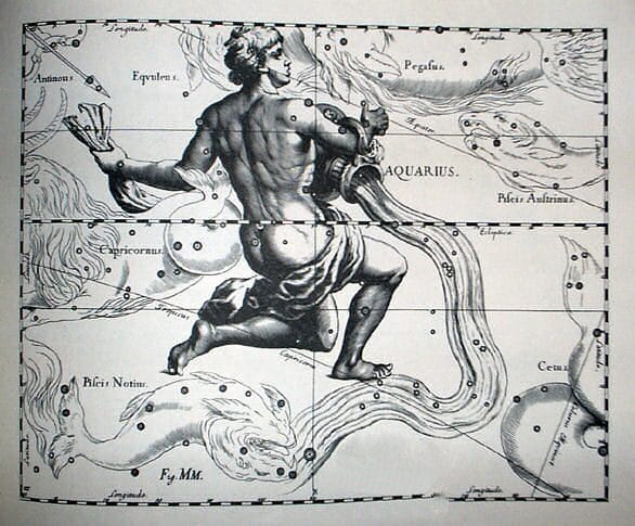 Aquarius engraving from Johannes Hevelius 1687 star atlas Uranographia