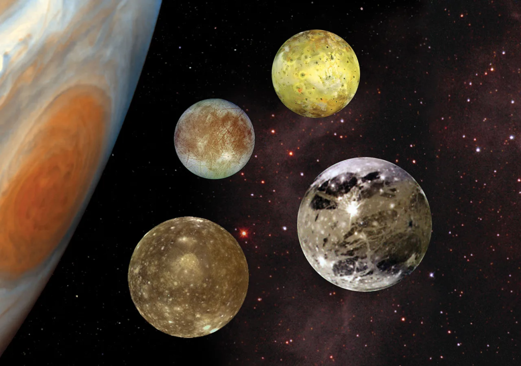 Jupiter and its four Galilean moons to scale