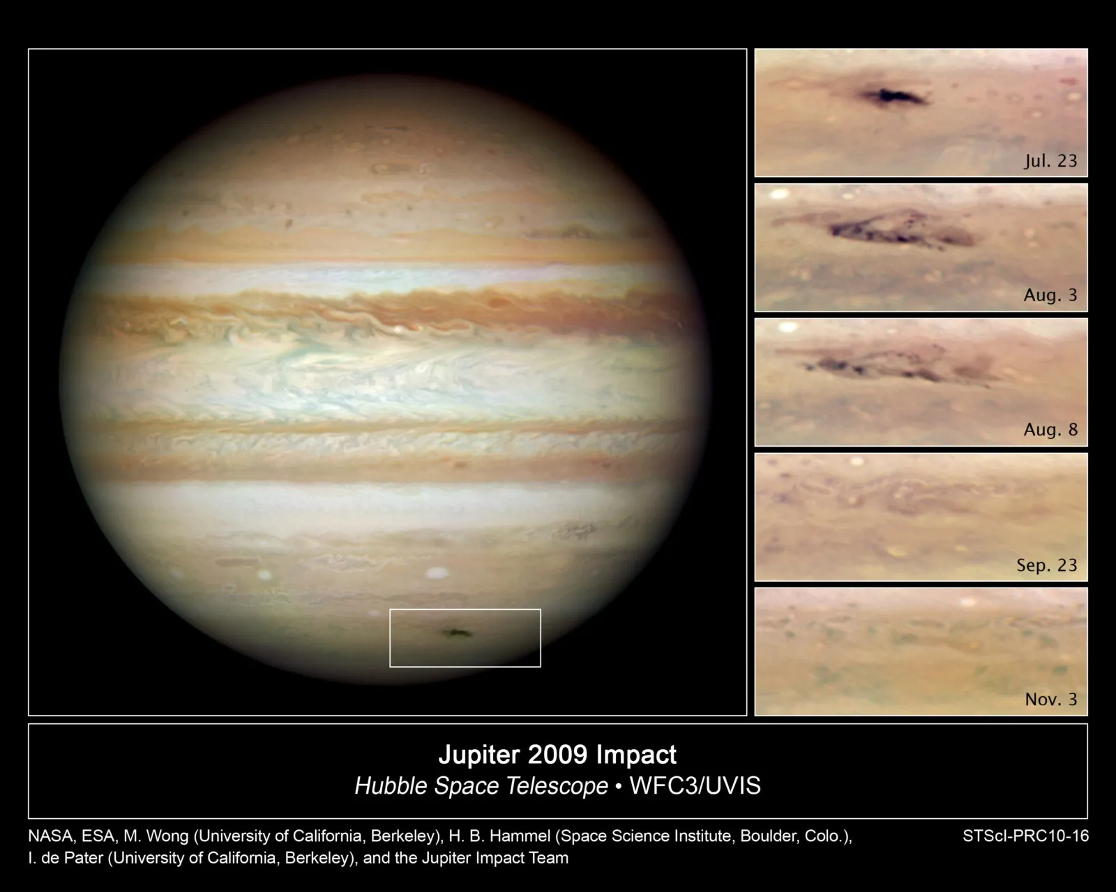 Hubble images of the dark impact scar in Jupiter atmosphere from the 2009 impact event, fading over time