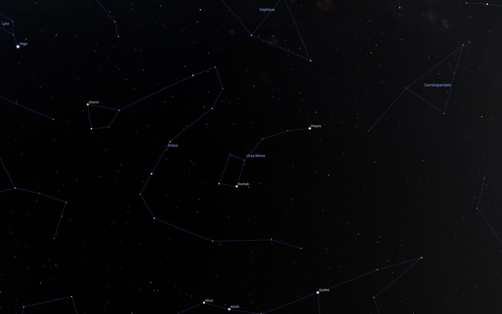 Stellarium finder chart showing Ursa Minor and the Little Dipper around Polaris, with the Big Dipper pointer stars below