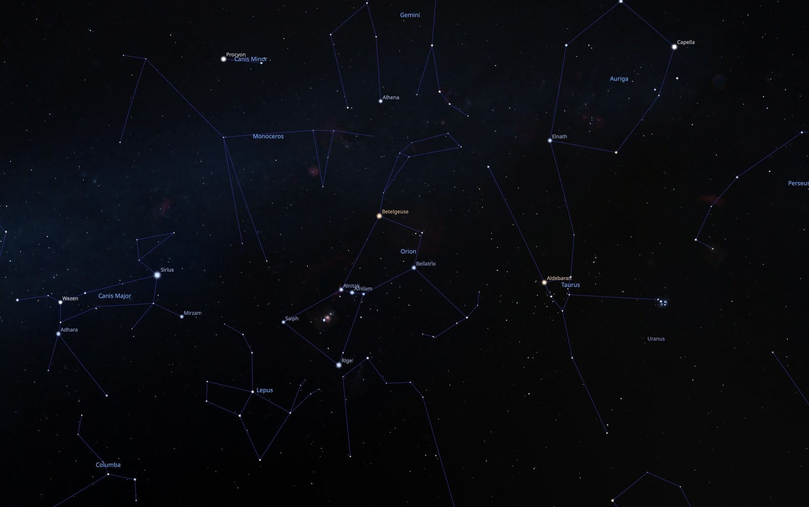 Stellarium finder chart of the Orion constellation, Belt at centre, with signpost stars Sirius, Aldebaran and the Pleiades around it